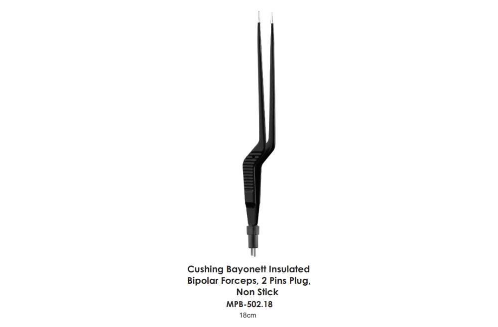 Cushing Bayonett Insulated  Bipolar Forceps, 2 Pins Plug,  Non Stick