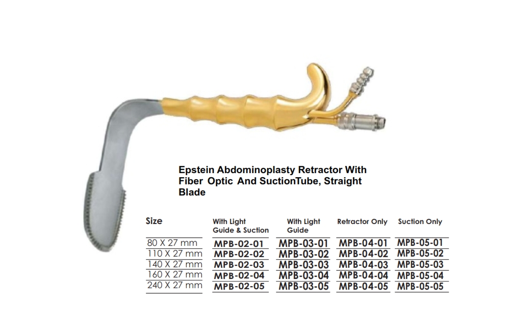 Blade Epstein Abdominoplasty Retractor With   Fiber Optic And Suction Tube, Straight  