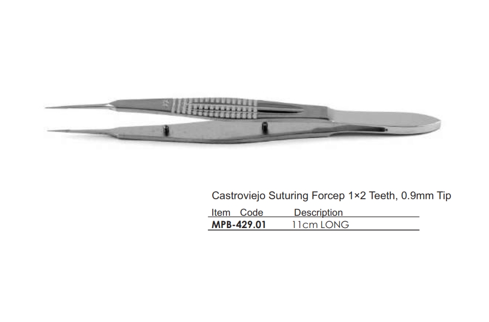Castroviejo Suturing Forcep 1×2 Teeth, 0.9mm Tip